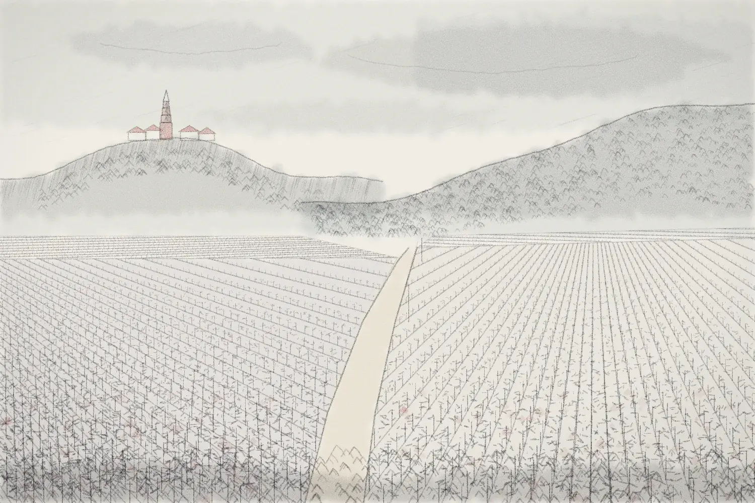 Dessin au fusain rehaussé de couleurs d'un vignoble du Frontonnais, avec un village et son clocher toulousain