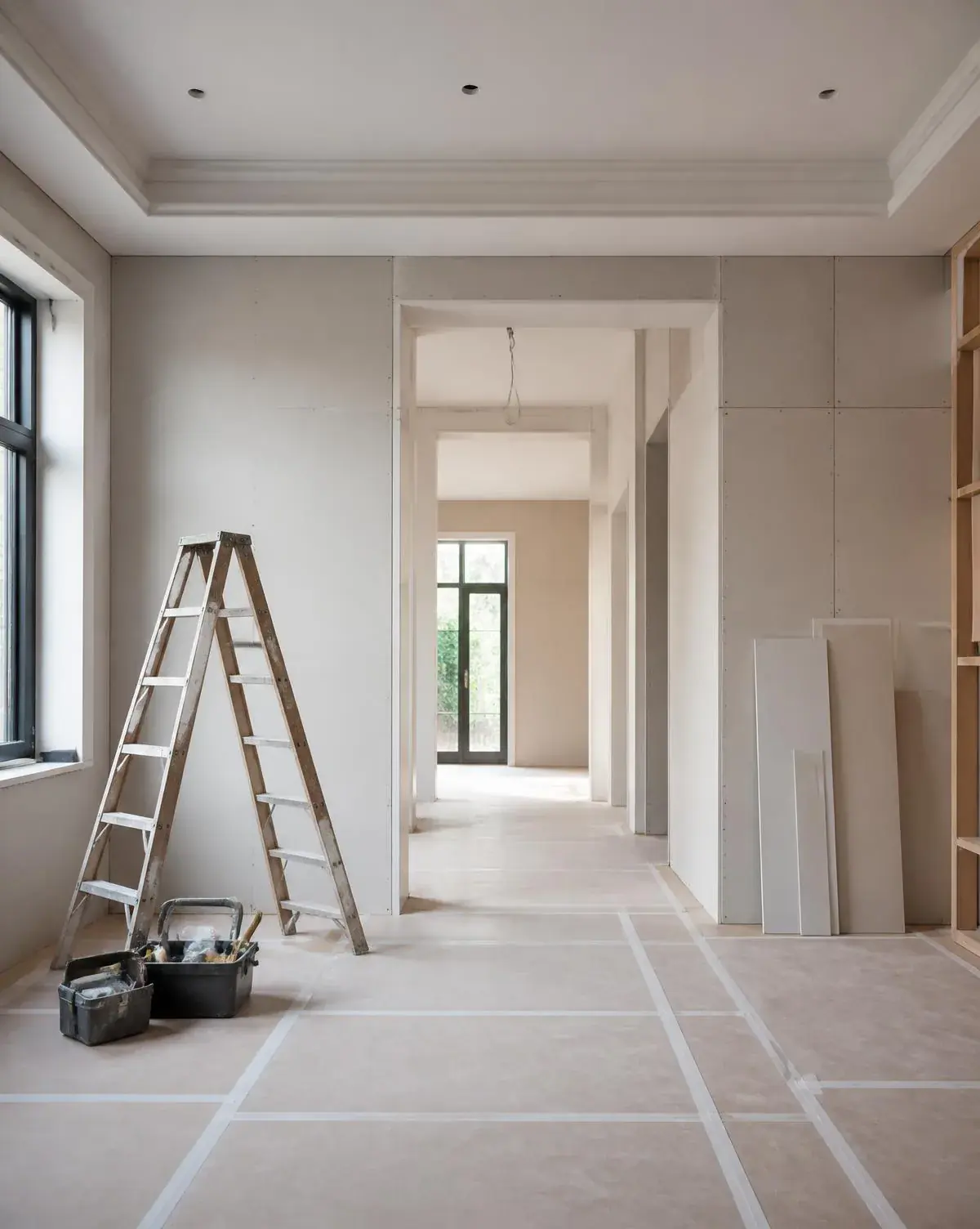 Intérieur en cours de rénovation, cloisons neuves et sols protégés